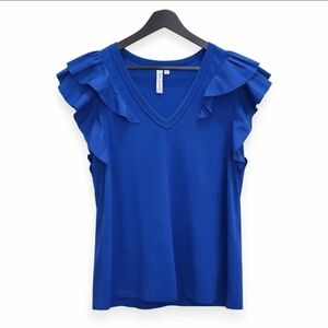 Grace + Karma Blue Flutter Sleeve Pullover Poly Cotton Spandex Top Sz XL